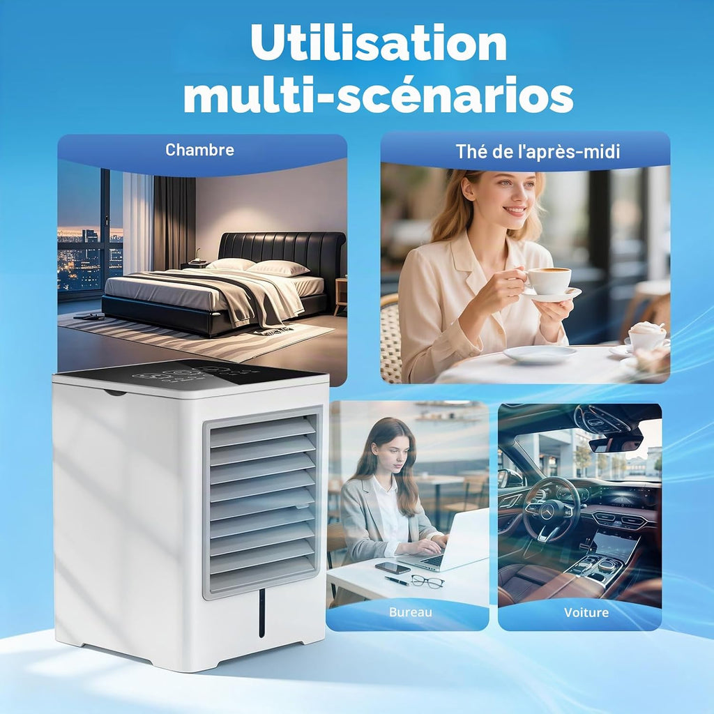  Climatiseur Mobile, 3 En 1 USB Rafraichisseur D’air Silencieux Ventilateur à Eau 470ML, 3 Vitesses, Minuterie, Écran Tactile, Rafraîchisseur D’air Sans Évacuation Pour Usage Personnel, Chambre, Bureau