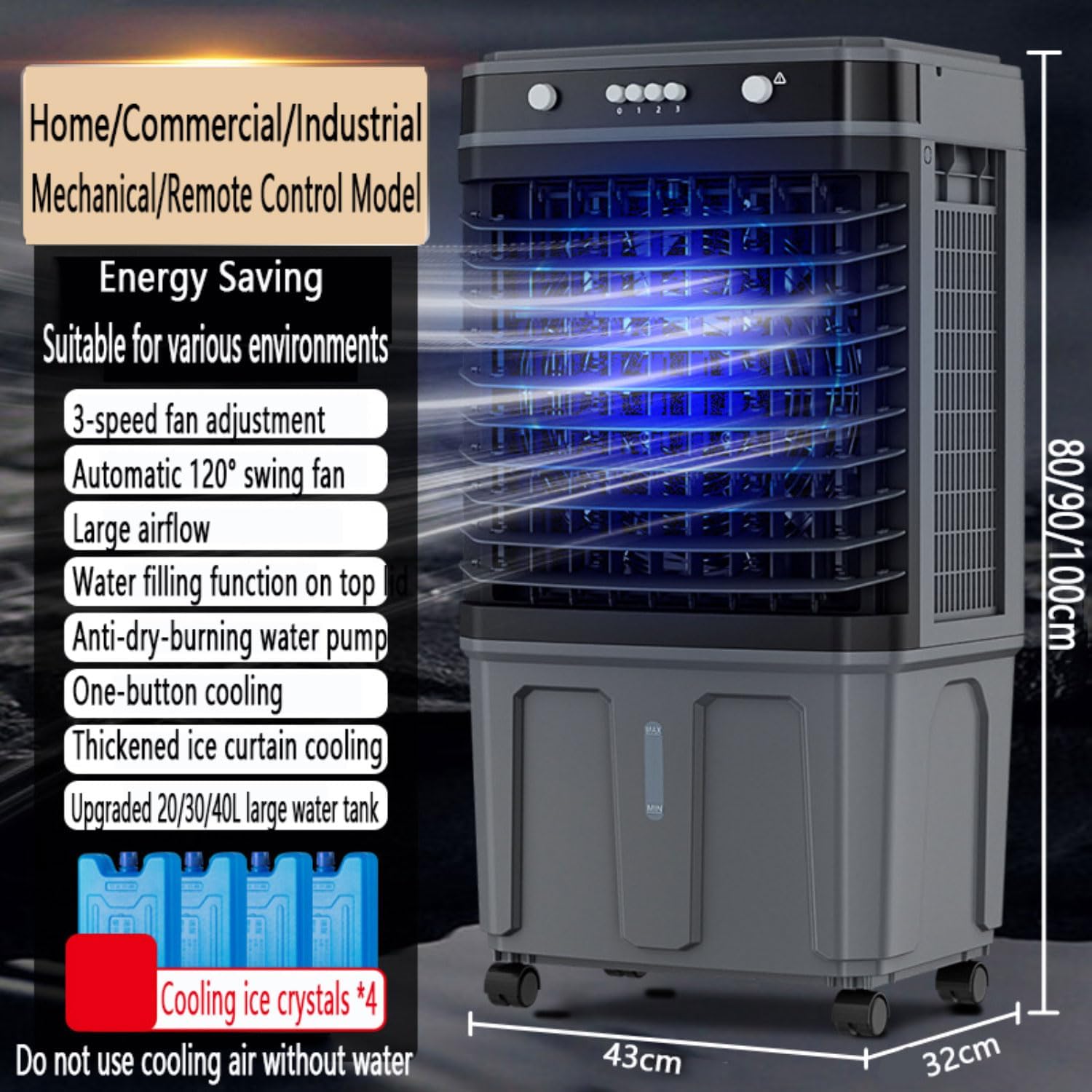 GENERIC Climatiseur Portable Avec 4 Compartiments à Glace, Réservoir D'eau De 20 Litres, Oscillation à 120°, Télécommande, Minuterie 12 H Et 3 Vitesses De Refroidissement. Idéal Pour La Chambre Ou La Maison.