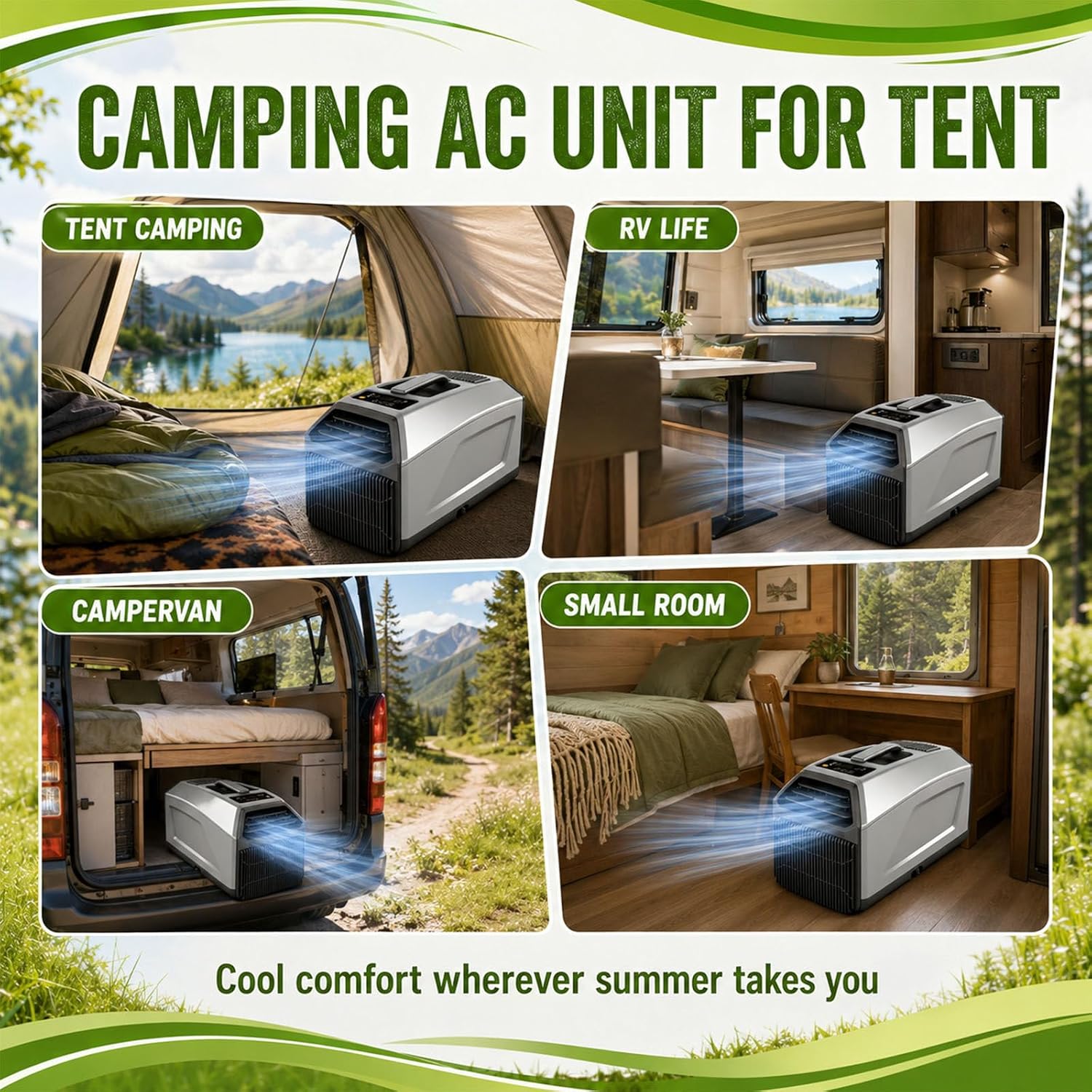  Climatiseur Mobile 3 En 1, 4500/5100 Btu, Idéal Pour Le Camping (Tente, Camping-Car, Fourgon Aménagé), Auto-Évaporateur, Minuterie 24 H, Télécommande, Fonctionnement Silencieux 1300W