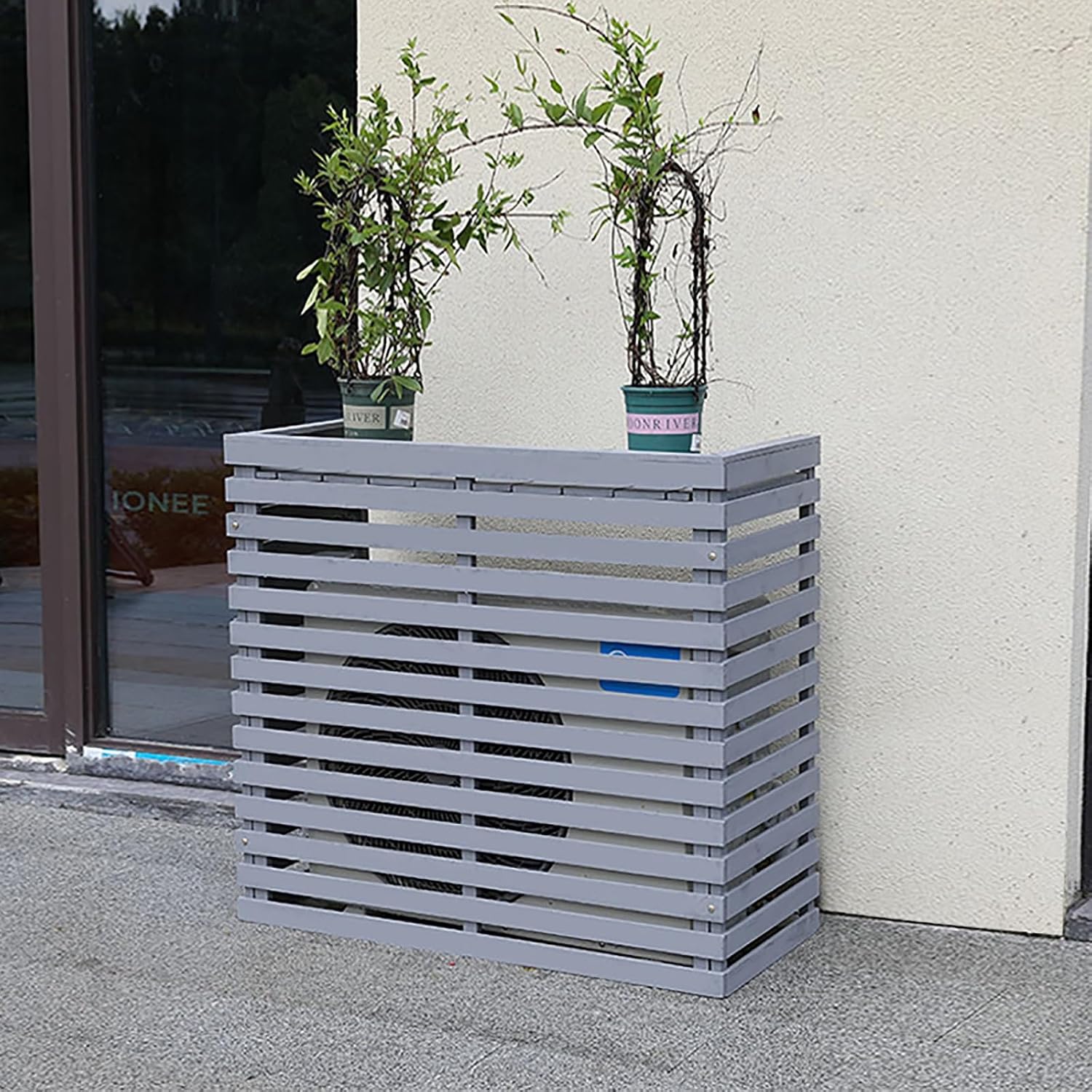  Housse Pour Unité De Climatisation Extérieure - Bois Massif Avec Support De Fleur, Boîtier De Climatiseur Résistant Aux Intempéries, Protection Mobile Pour Climatisation (couleur : Gris, Taille : S)
