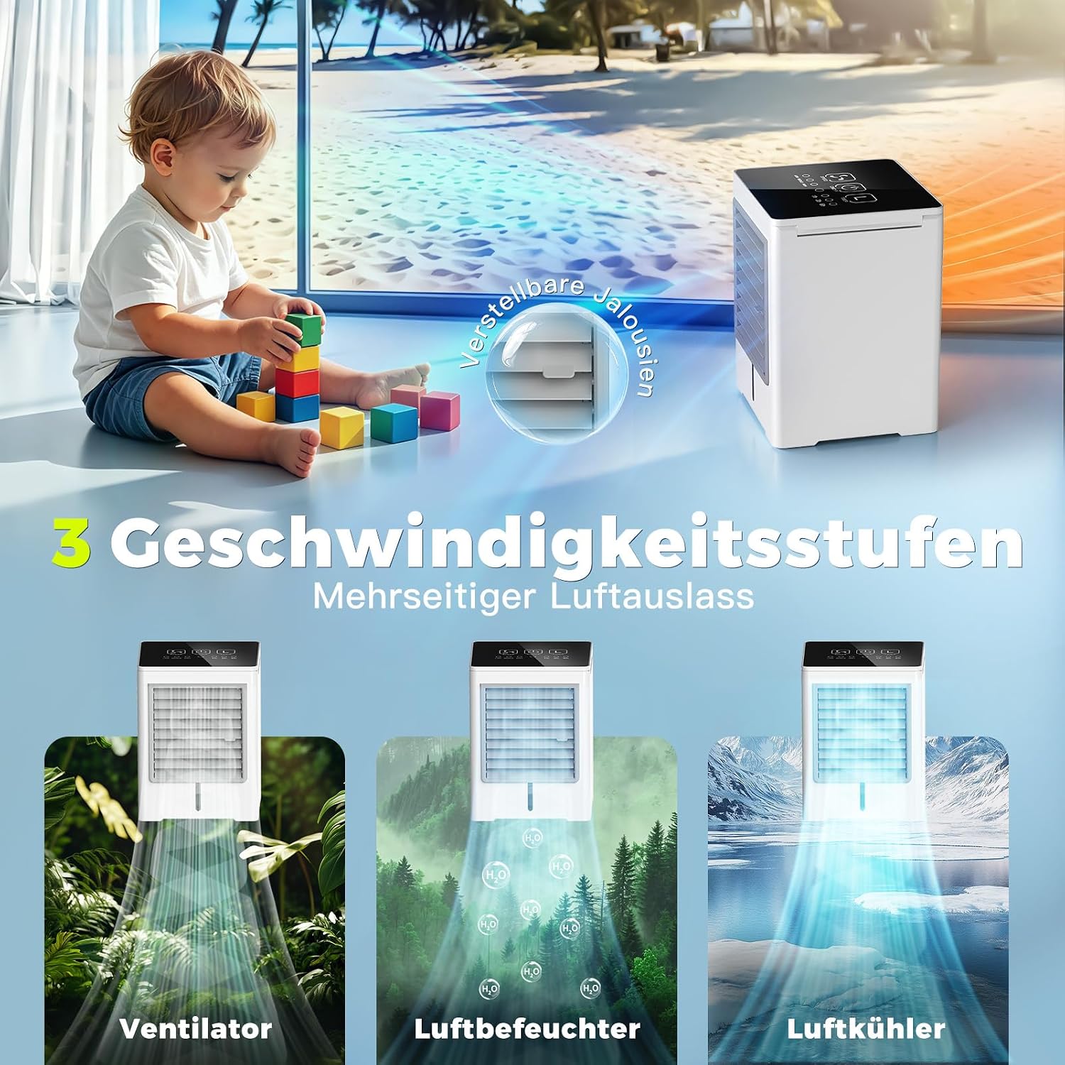  Climatiseur Mobile, 3 En 1 USB Rafraichisseur D’air Silencieux Ventilateur à Eau 470ML, 3 Vitesses, Minuterie, Écran Tactile, Rafraîchisseur D’air Sans Évacuation Pour Usage Personnel, Chambre, Bureau