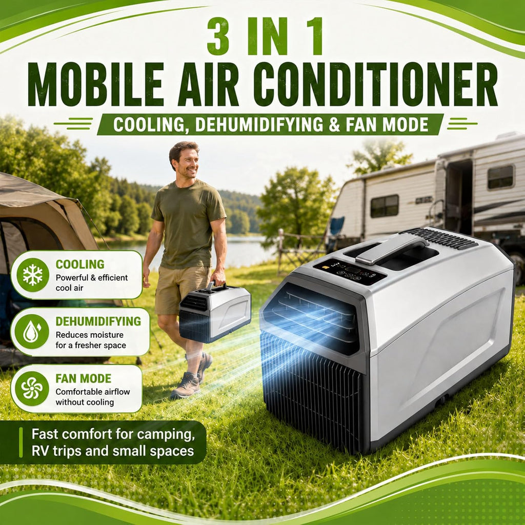  Climatiseur Mobile 3 En 1, 4500/5100 Btu, Idéal Pour Le Camping (Tente, Camping-Car, Fourgon Aménagé), Auto-Évaporateur, Minuterie 24 H, Télécommande, Fonctionnement Silencieux 1300W