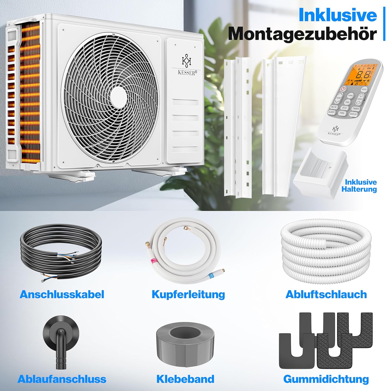  KESSER® Climatiseur SET Split – Wi-Fi/application – Refroidissement A++/chauffage A+ – Réfrigérant R32 – Télécommande, Matériel De Montage 9 000 BTU/h (2 600 Watts) Blanc [Classe énergétique A++]