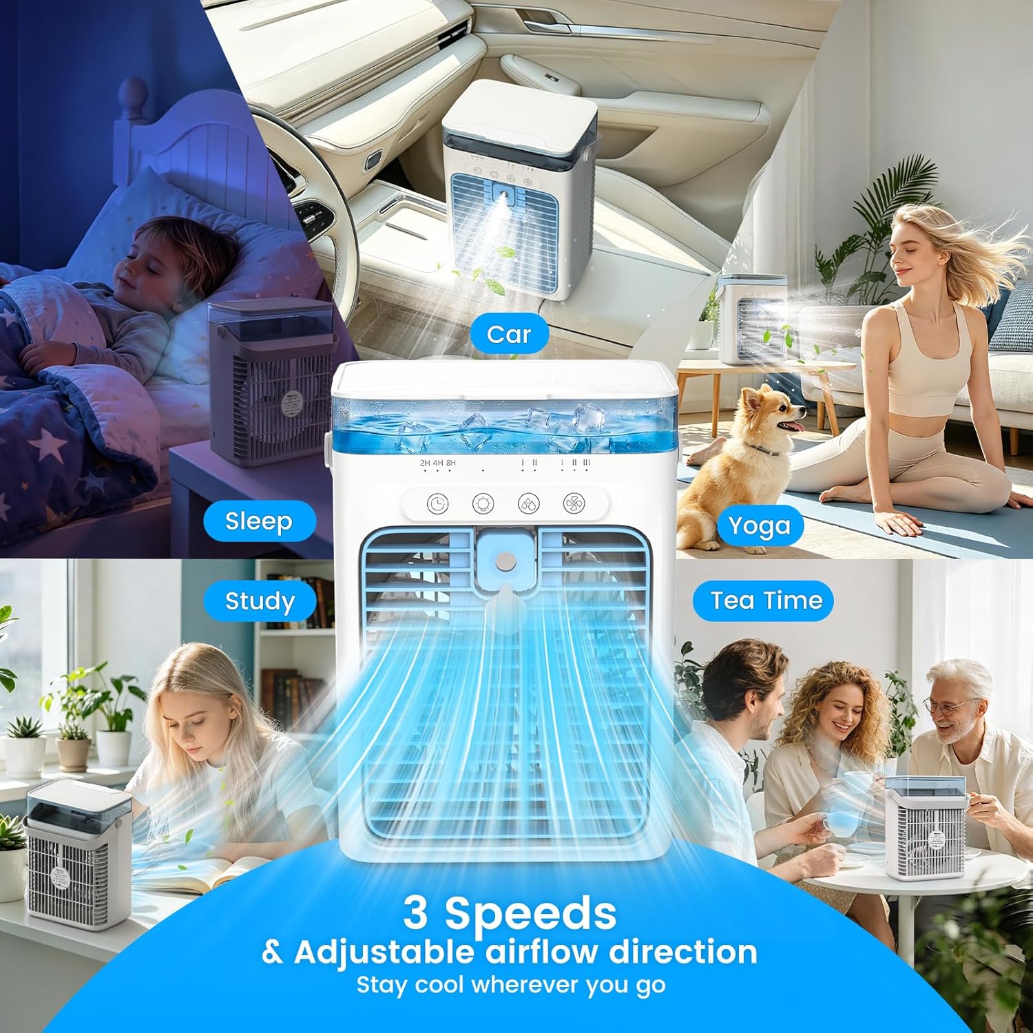  Climatiseurs Portables, Mini Climatiseur AC 4 En 1 Avec Réservoir D'eau De 1000ml, Minuterie 2/4/8H Lumière Ambiante Ventilateur Refroidisseur D'air Évaporatif Personnel Alimenté Par USB Pour Chambre