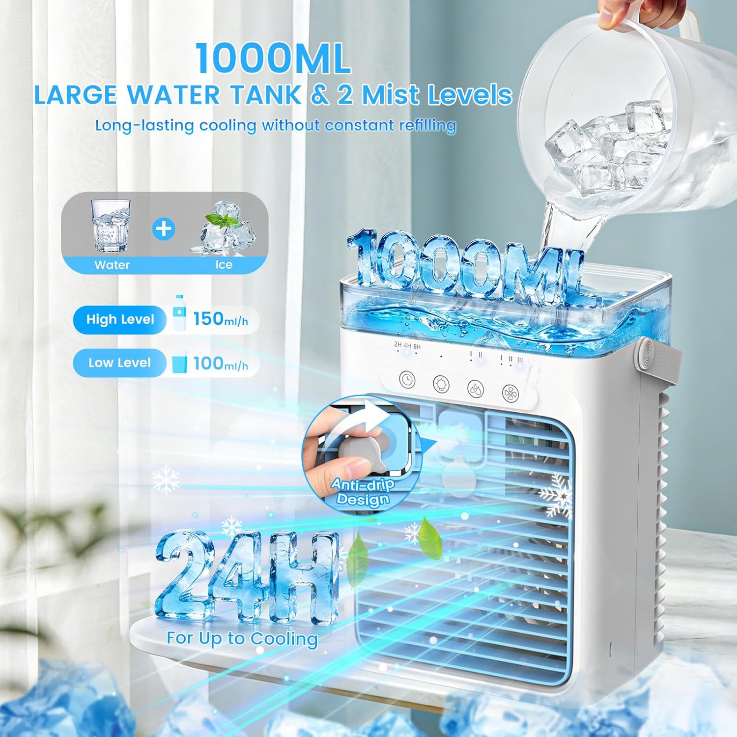  Climatiseurs Portables, Mini Climatiseur AC 4 En 1 Avec Réservoir D'eau De 1000ml, Minuterie 2/4/8H Lumière Ambiante Ventilateur Refroidisseur D'air Évaporatif Personnel Alimenté Par USB Pour Chambre