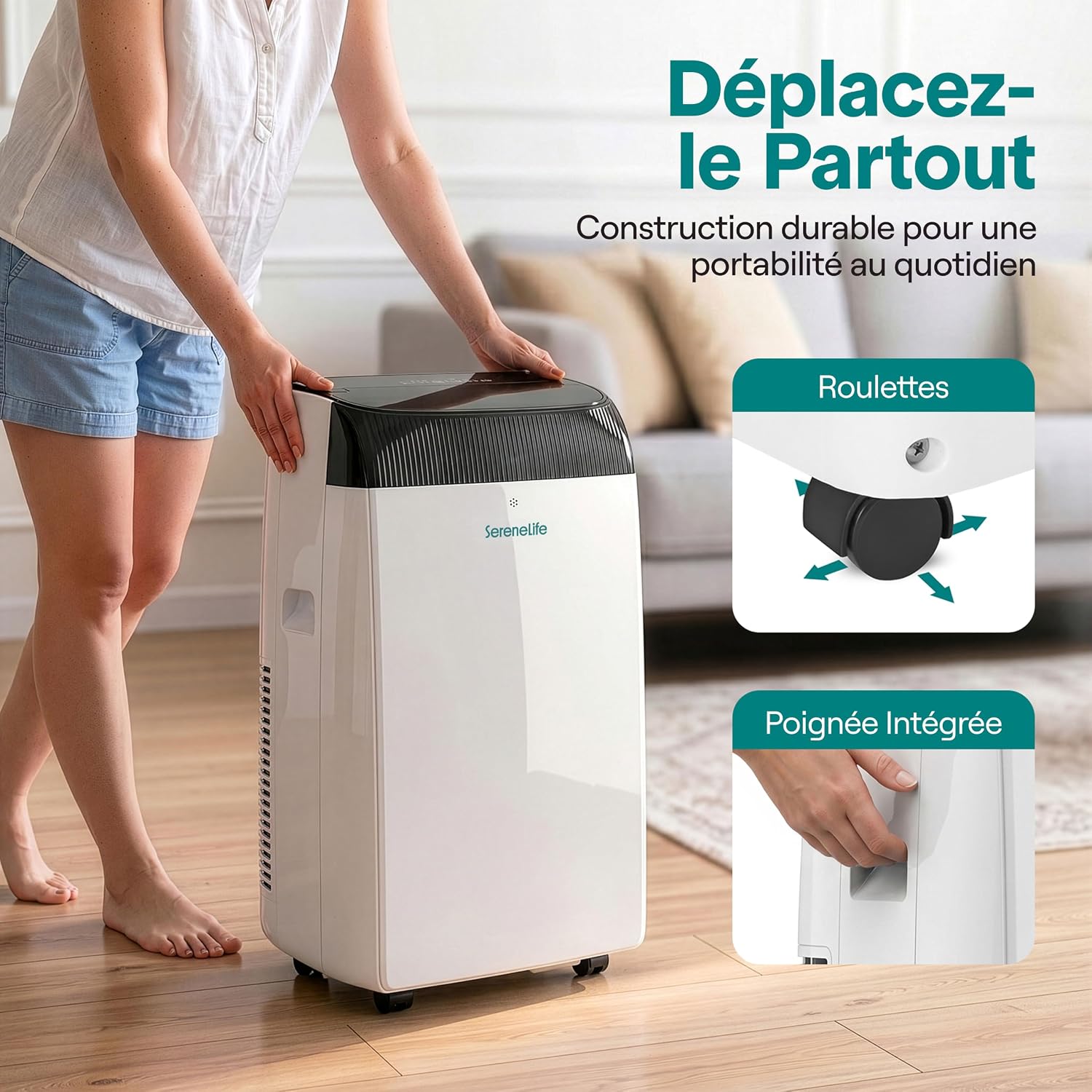  SereneLife Climatiseur Mobile 14000 BTU 2,9 KW Avec Évacuation – WiFi 4 En 1 Pour Pièces Jusqu’à 45 M², Refroidit Chauffe Ventile Déshumidifie