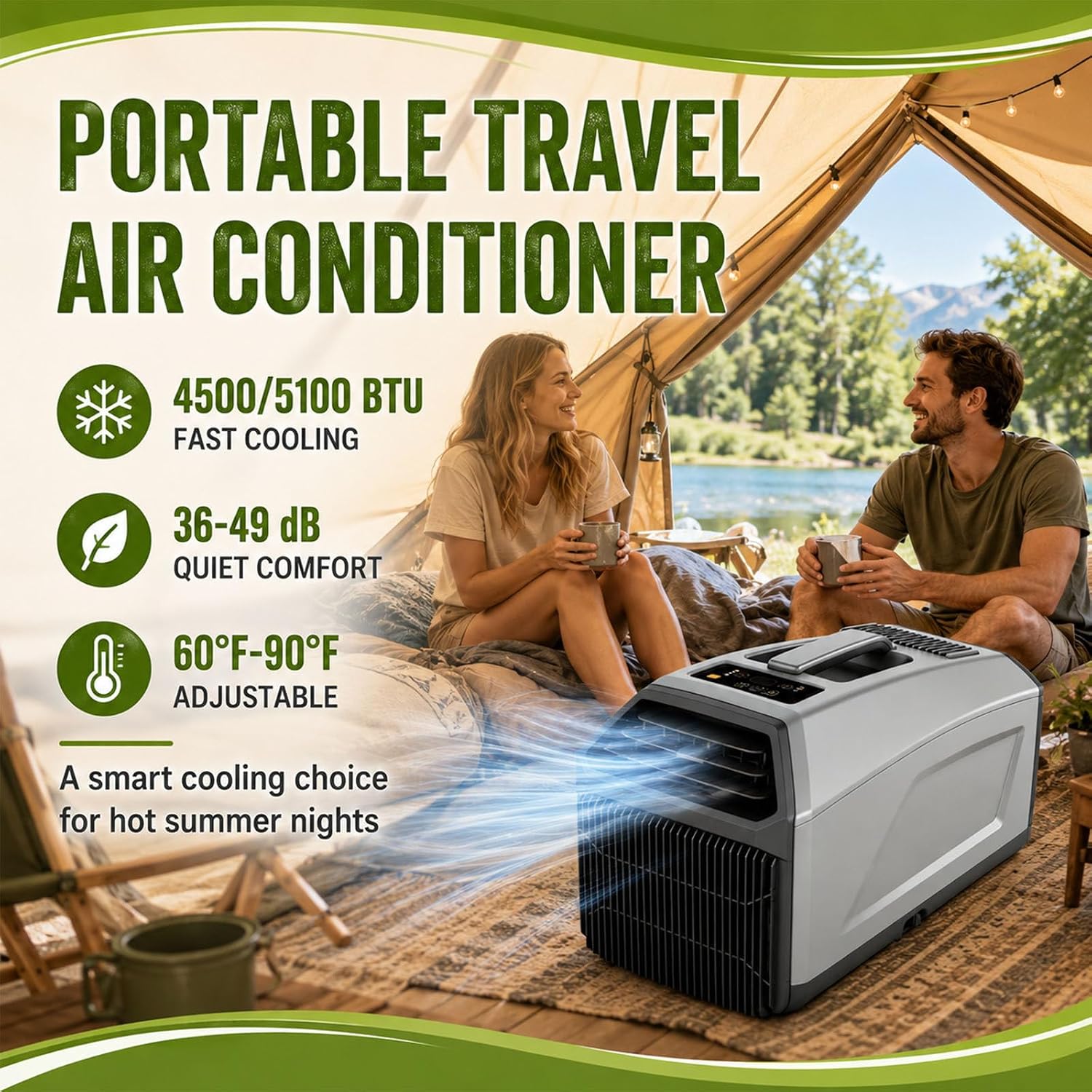  Climatiseur Mobile 3 En 1, 4500/5100 Btu, Idéal Pour Le Camping (Tente, Camping-Car, Fourgon Aménagé), Auto-Évaporateur, Minuterie 24 H, Télécommande, Fonctionnement Silencieux 1300W