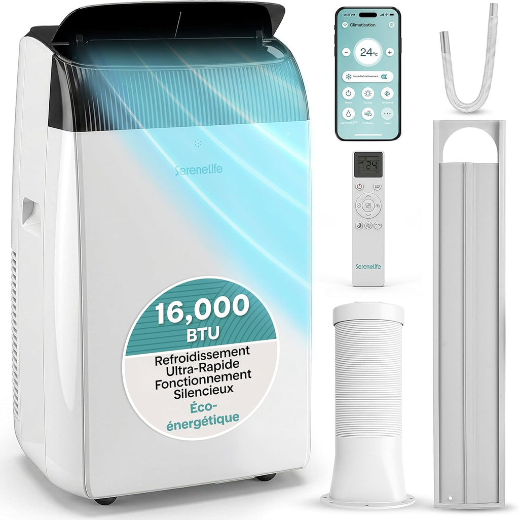  SereneLife Climatiseur Mobile 14000 BTU 2,9 KW Avec Évacuation – WiFi 4 En 1 Pour Pièces Jusqu’à 45 M², Refroidit Chauffe Ventile Déshumidifie