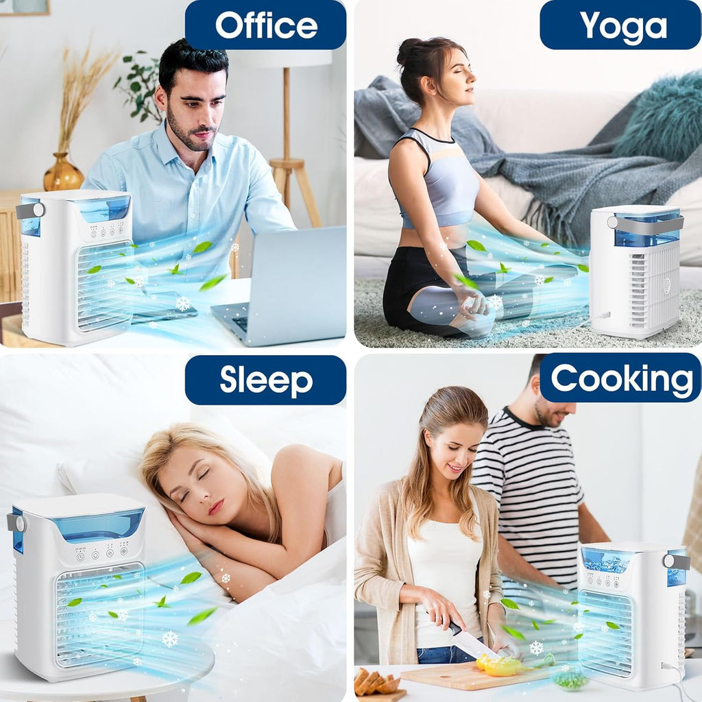  Ventilateur Portable De Climatiseurs, Refroidissement De Bureau 4 En 1 Avec Réservoir D'eau De 700ml,2/4/6H Timer, 3 Brouillard, 7 Nuit Lumière USB Refroidisseur De Charge Pour L'intérieur