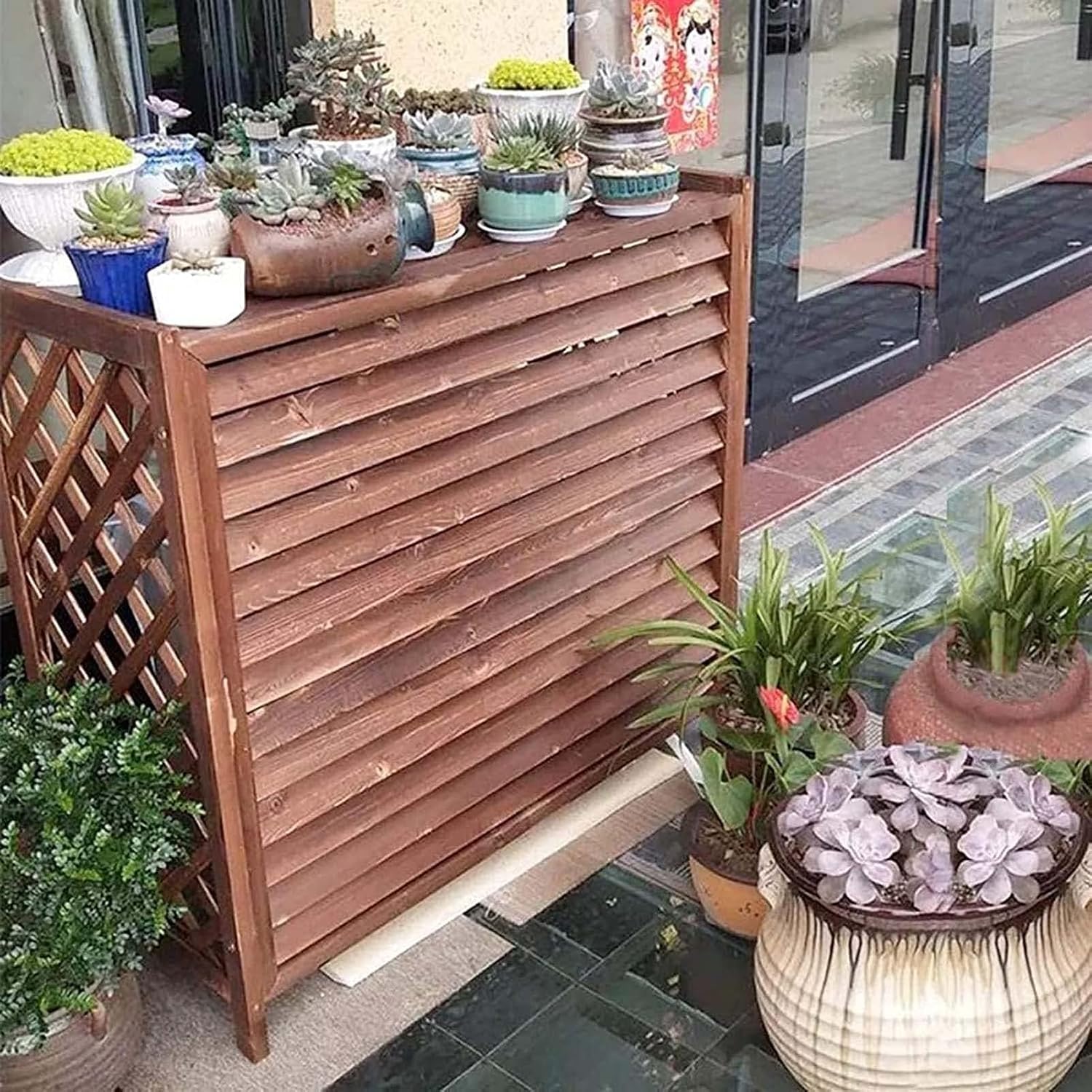 GENERIC Housse De Protection En Bois Pour Climatiseur Extérieur - Protection Contre Les Regards Indiscrets En Bois Massif - Support De Fleurs - Élégant Et Fonctionnel