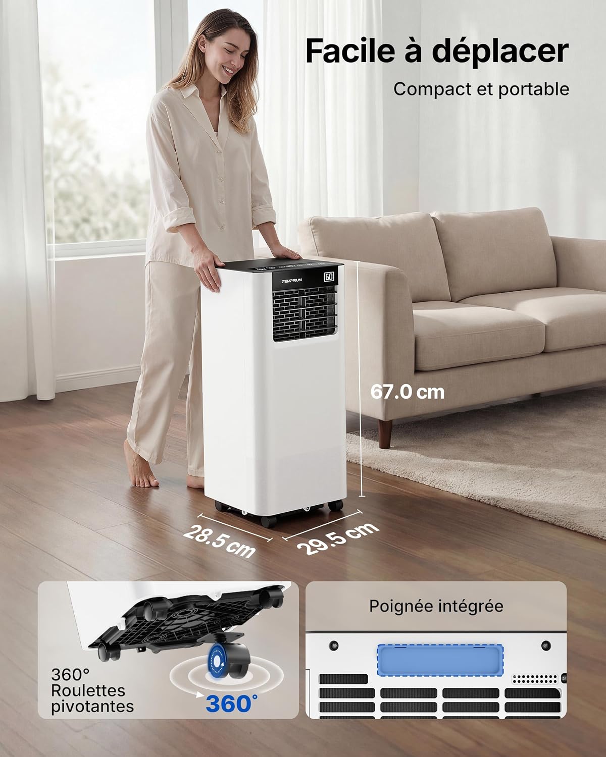  Climatiseur Mobile 7000 BTU, 3-en-1 Écoénergétique Climatiseur Portable, Kit Fenêtre Inclus, Contrôle Via Application/Télécommande, Silencieux <48 DB, Minuterie 24 H, Idéal Pour Pièces Jusqu’à 20 M²