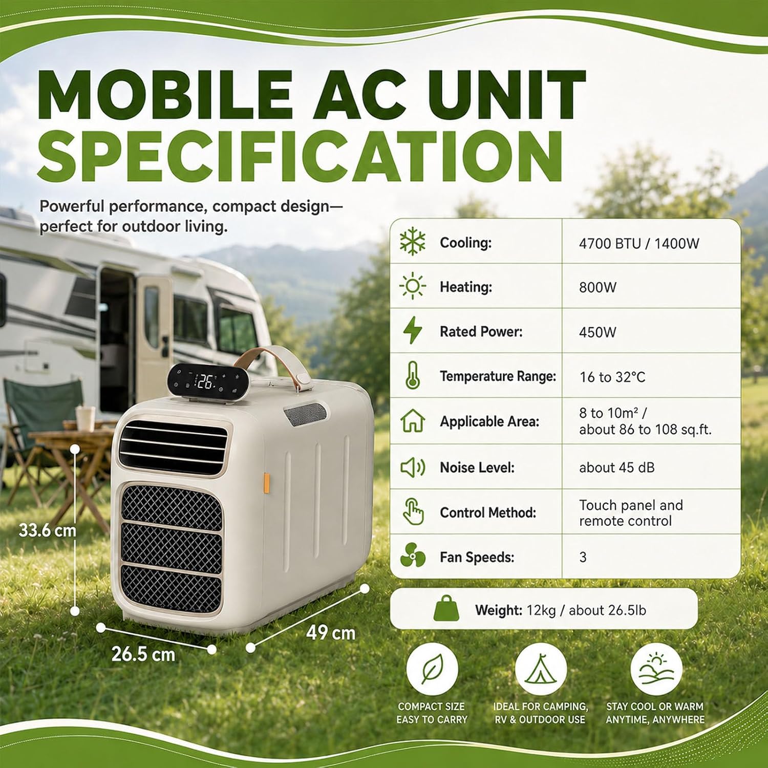  Climatiseur Portable 4700 Btu Pour Le Camping Sous Tente, Double Tuyau, Silencieux (45 DB), Télécommande, Modèle 2026, Idéal Pour Les Voyages, L'extérieur Et L'intérieur Cooling