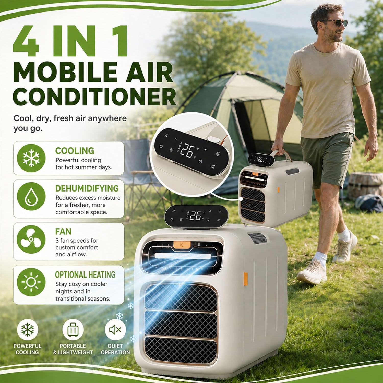  Climatiseur De Voyage Portable,Climatiseur Mobile De 4700 Btu,Unité De Climatisation De Camping Avec Conception À Auto-Évaporation,Flux D'air Silencieux De 45Db,Télécommande Cooling+Heating