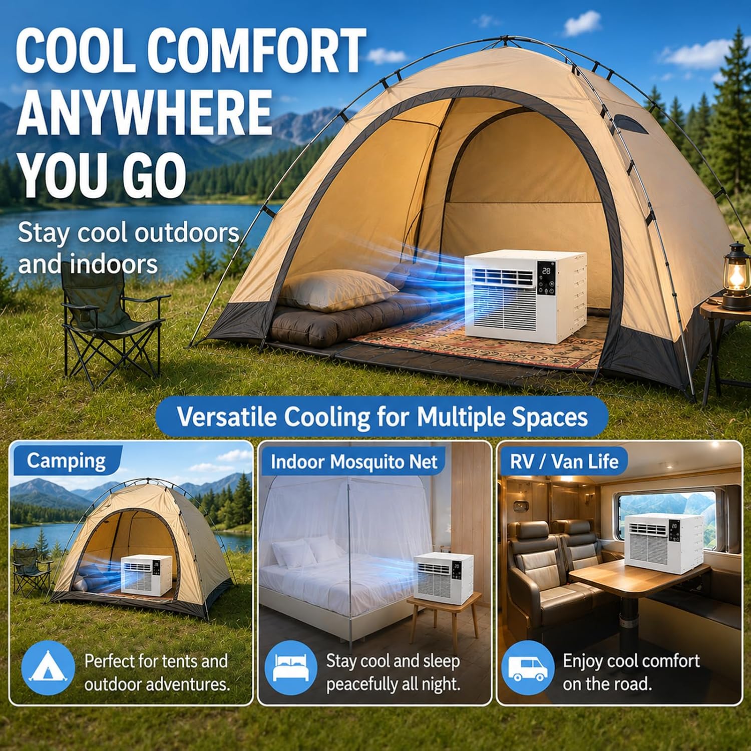  Climatiseur Portable, 1876 BTU Petit Climatiseur, 10kg Spot Cooler Compact Avec Tuyau D'Échappement, 280W Basse Puissance, Mode Double Silencieux, Minuterie, Pour Tente, Camping-Car, 1-5㎡