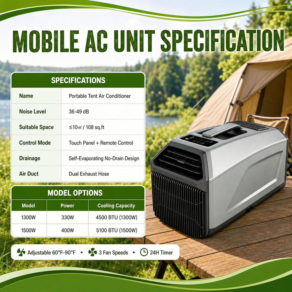  Climatiseur Mobile 3 En 1, 4500/5100 Btu, Idéal Pour Le Camping (Tente, Camping-Car, Fourgon Aménagé), Auto-Évaporateur, Minuterie 24 H, Télécommande, Fonctionnement Silencieux 1300W
