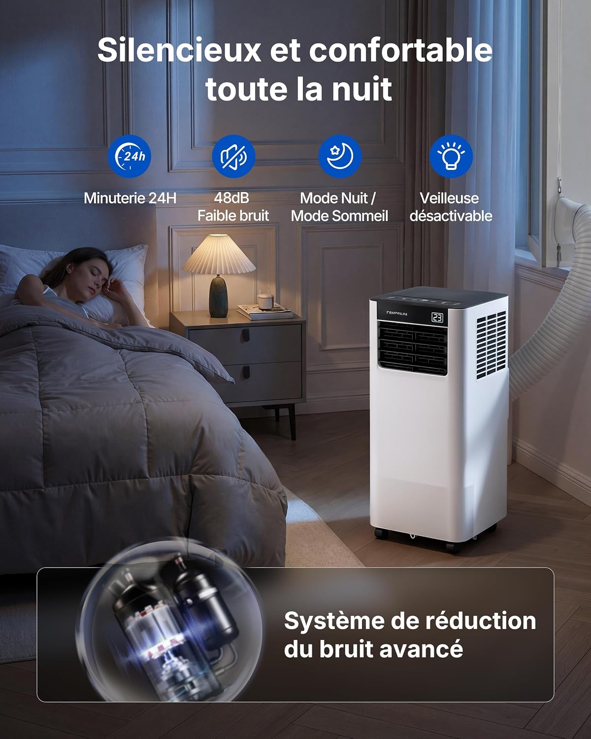  Climatiseur Mobile 7000 BTU, 3-en-1 Écoénergétique Climatiseur Portable, Kit Fenêtre Inclus, Contrôle Via Application/Télécommande, Silencieux <48 DB, Minuterie 24 H, Idéal Pour Pièces Jusqu’à 20 M²