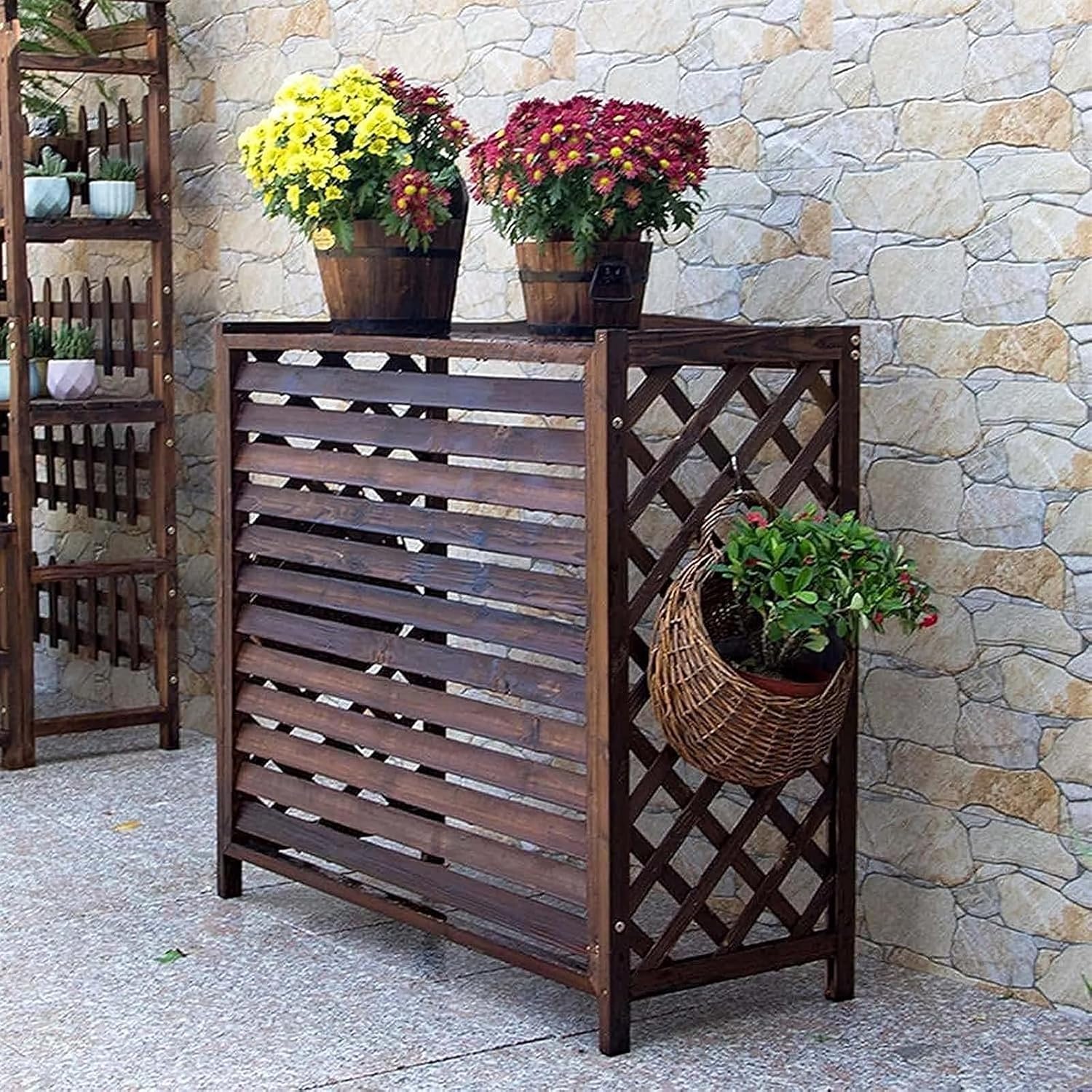 GENERIC Housse De Climatiseur D'extérieur Et Présentoir En Bois Pour Plantes Anti-corrosion Design à Persiennes Étagère De Rangement Polyvalente Pour Jardin Et Terrasse Support De Fleurs élégant