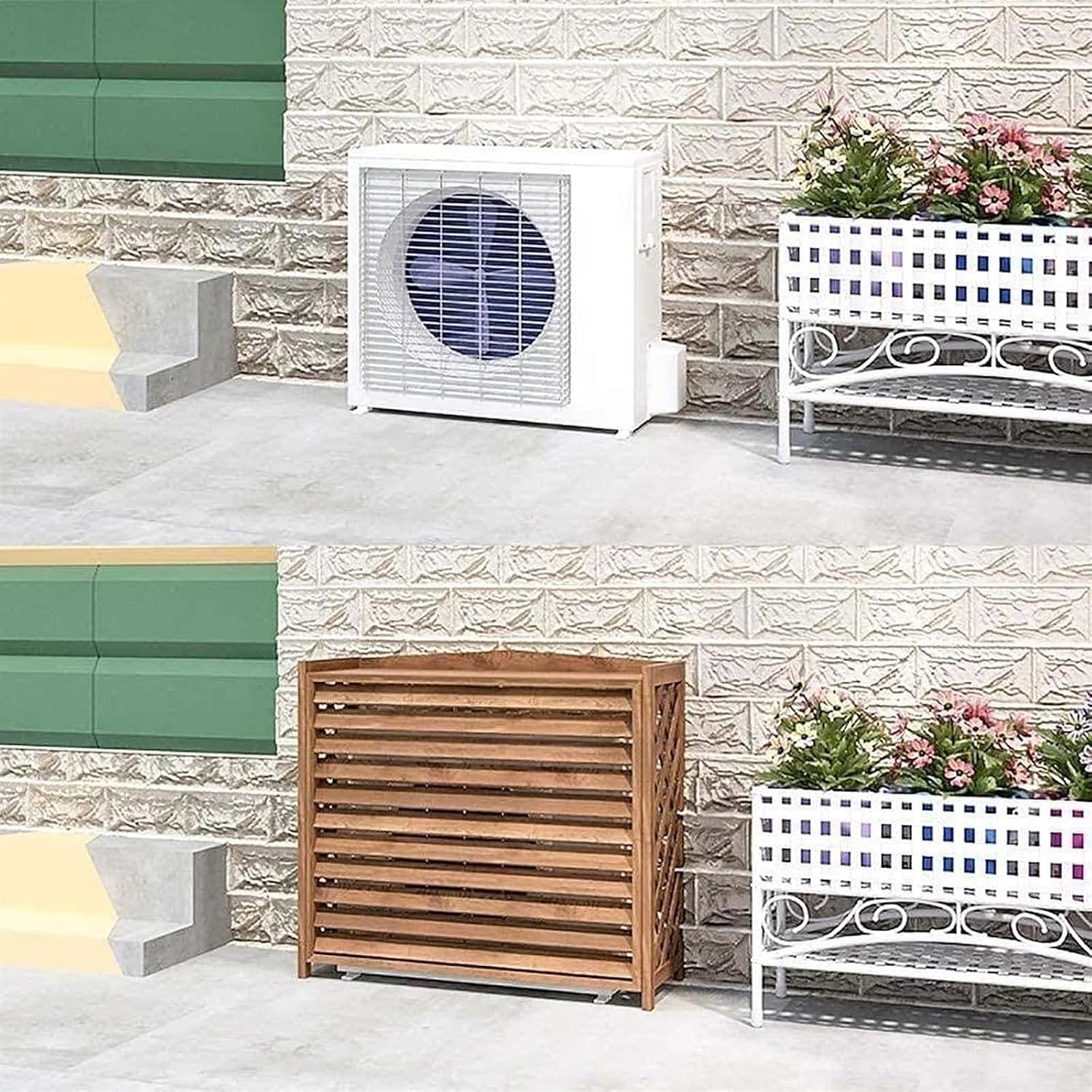 GENERIC Housse De Climatiseur D'extérieur Et Présentoir En Bois Pour Plantes Anti-corrosion Design à Persiennes Étagère De Rangement Polyvalente Pour Jardin Et Terrasse Support De Fleurs élégant