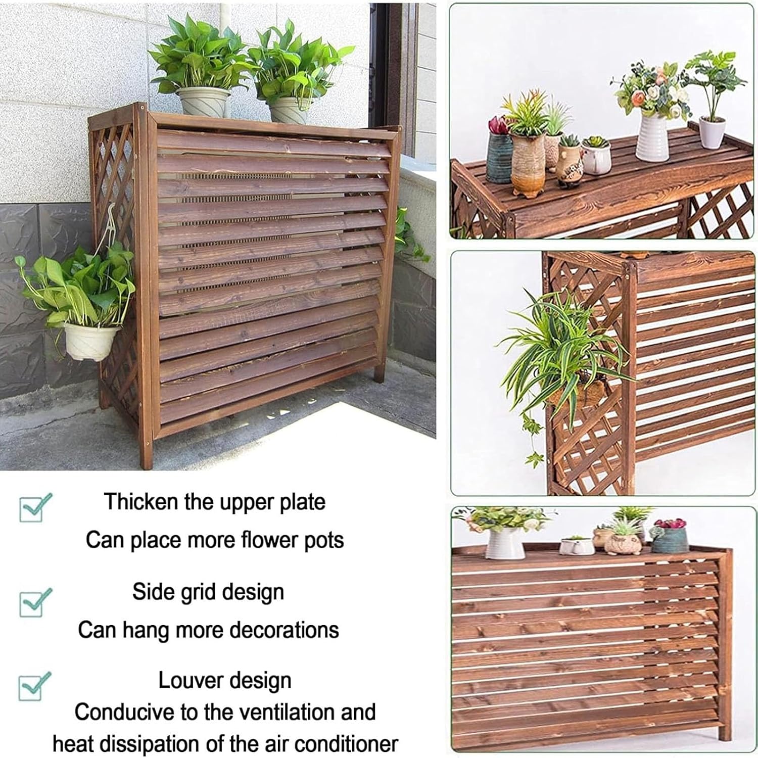 GENERIC Couvercle De Climatiseur Extérieur En Bois Pour Radiateur - Anti-corrosion - Pompe à Chaleur - Grille De Protection Décorative Pour Fleurs - 85 X 80 Cm