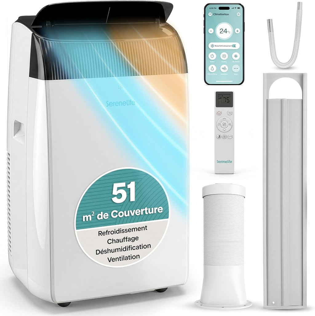  SereneLife Climatiseur Mobile 14000 BTU 2,9 KW Avec Évacuation – WiFi 4 En 1 Pour Pièces Jusqu’à 45 M², Refroidit Chauffe Ventile Déshumidifie