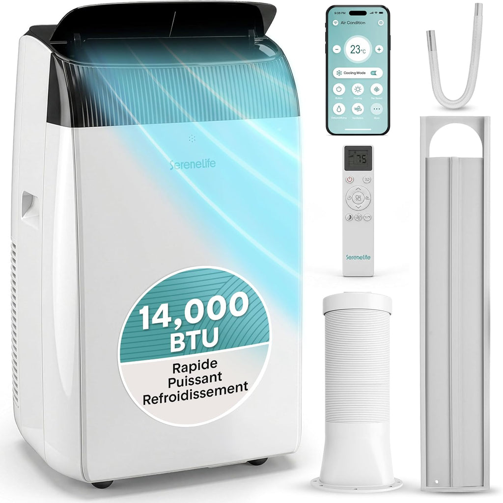  SereneLife Climatiseur Mobile 14000 BTU 2,9 KW Avec Évacuation – WiFi 4 En 1 Pour Pièces Jusqu’à 45 M², Refroidit Chauffe Ventile Déshumidifie