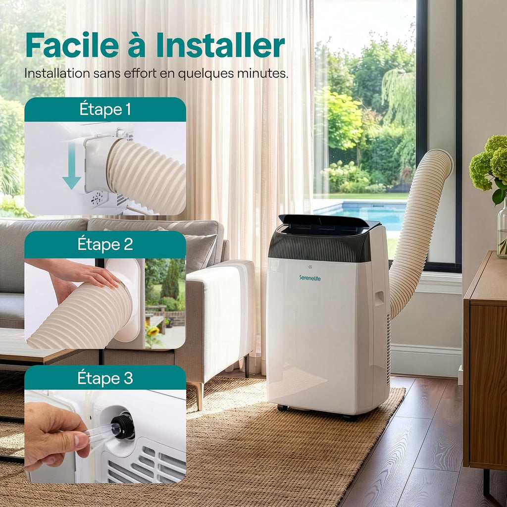  SereneLife Climatiseur Mobile 14000 BTU 2,9 KW Avec Évacuation – WiFi 4 En 1 Pour Pièces Jusqu’à 45 M², Refroidit Chauffe Ventile Déshumidifie